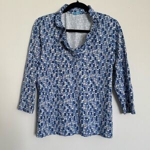 J. McLaughlin Durham 3/4 sleeve ruffle neck blue mosaic catalina knit Size XL